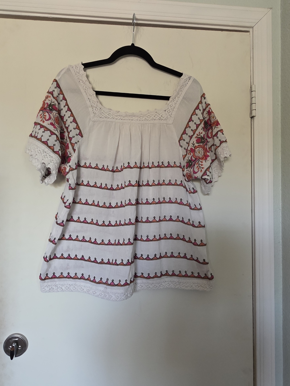 Off White Embroidered Peasant Top with Pink Floral Accents
